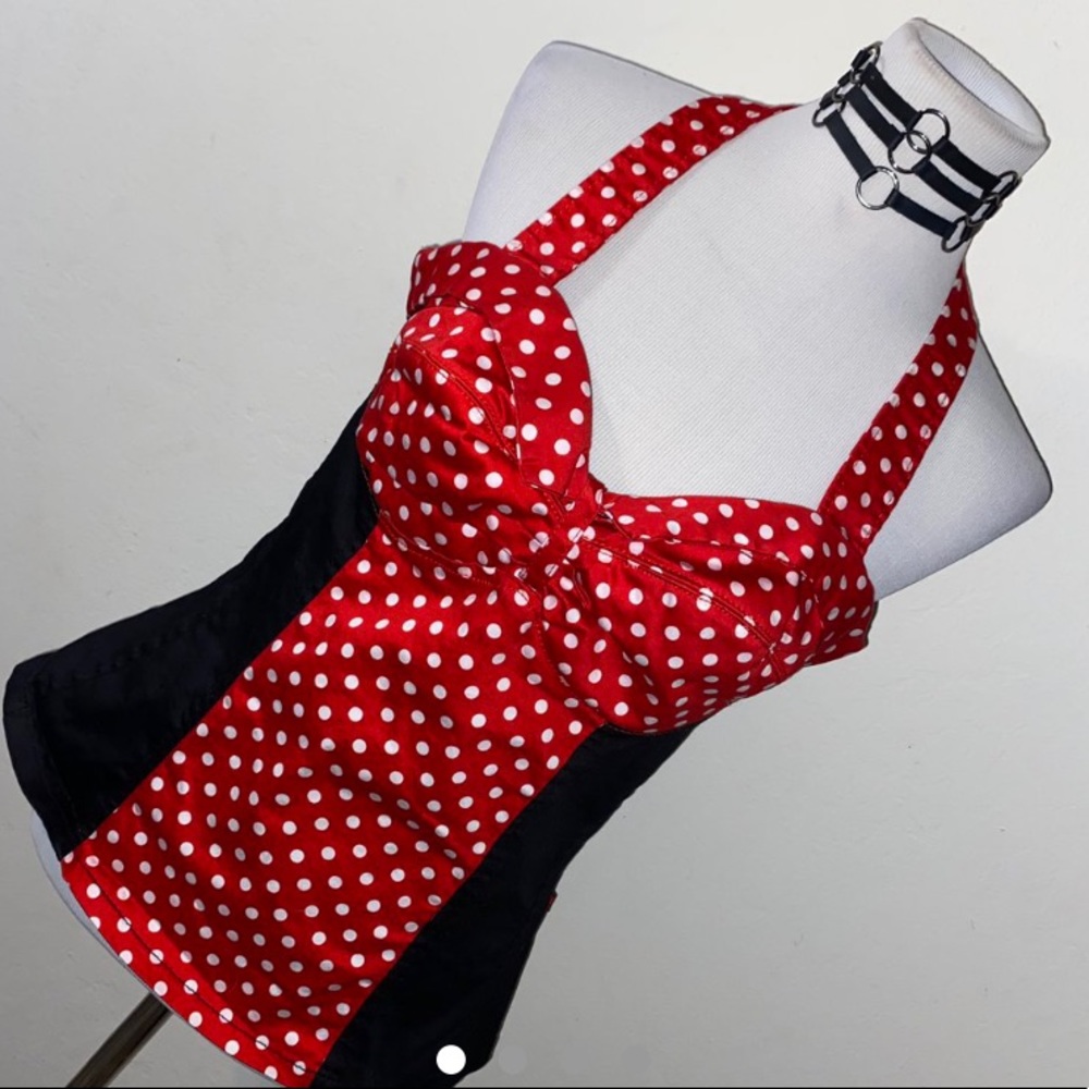 🕷💋ROYAL BONES RED POLKA DOT CORSET TOP 🕸🖤